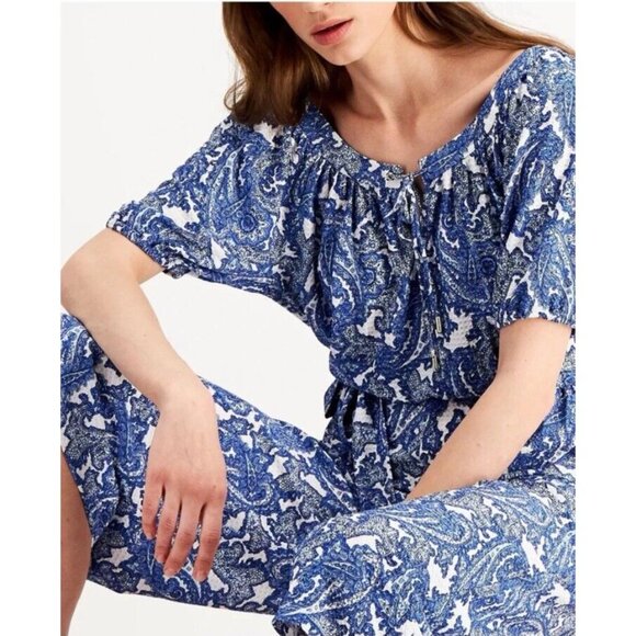 Michael Kors Jumpsuit Pants L Large Colorful Wide Leg Blue White Paisley $135 - Picture 5 of 11